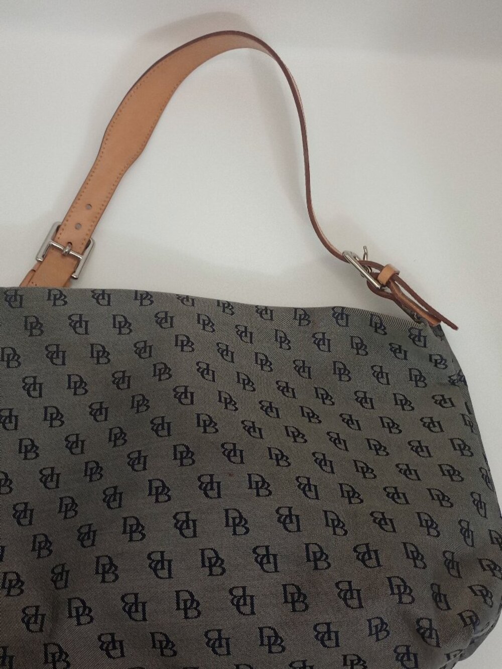 Dooney & Bourke DB Monogram Canvas Shoulder Bag Gray Blue Leather Strap Purse